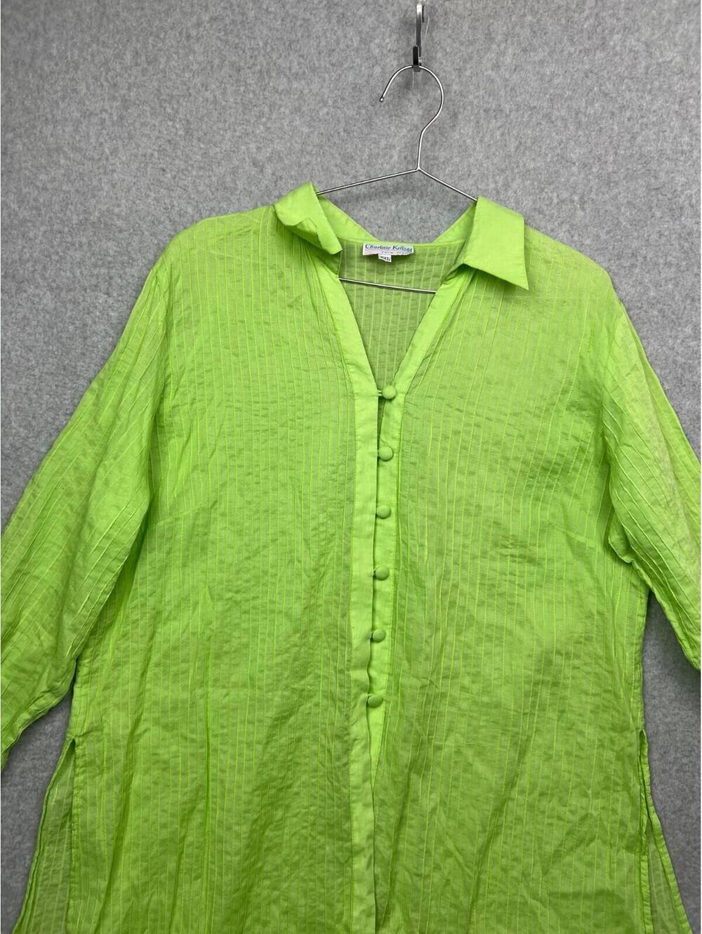 Charlotte Kellogg Women's Sheer Tunic Blouse Plus 2X Lime Green Cotton Beach - Picture 3 of 11